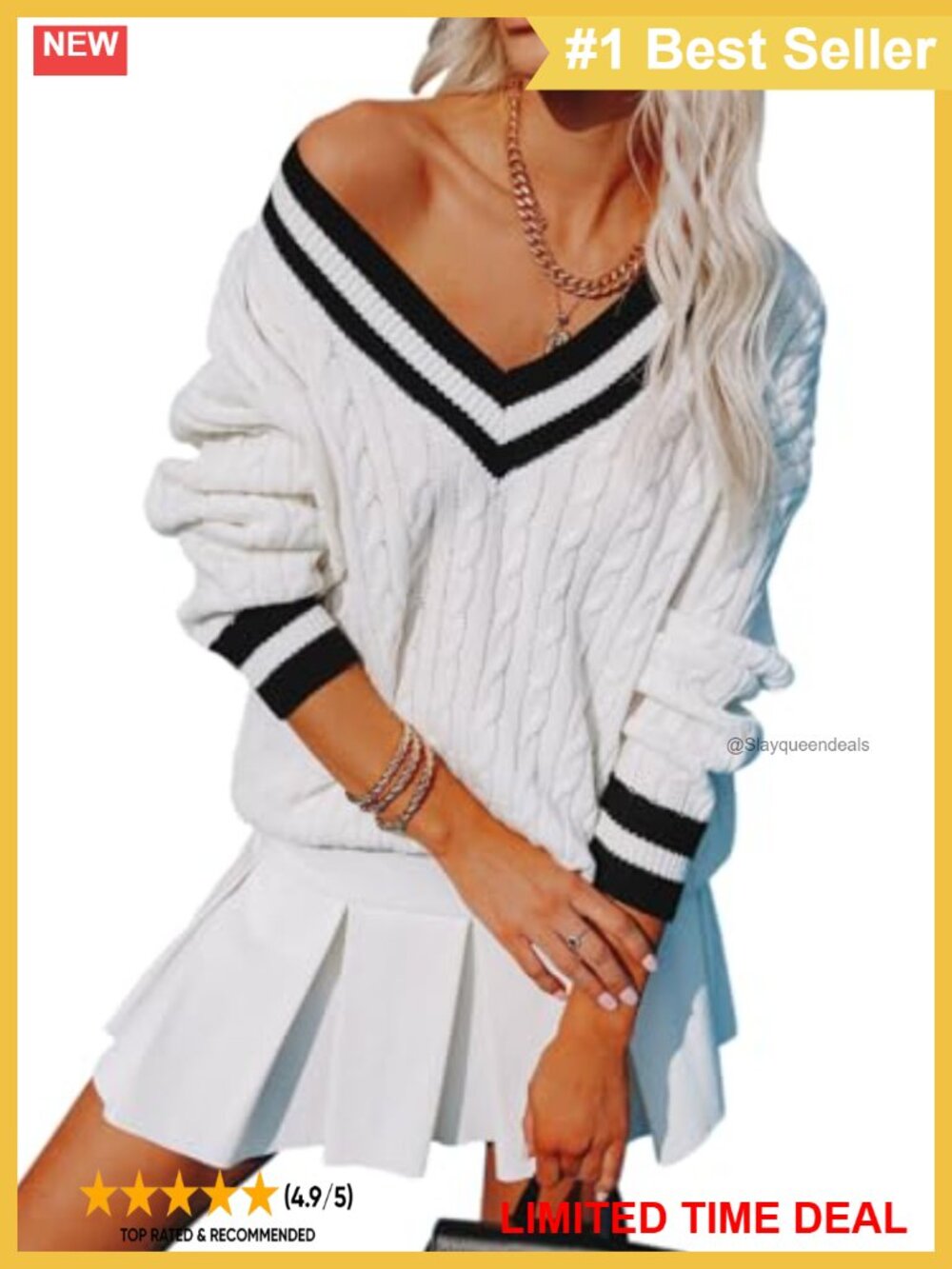 Womens V Neck Oversized Cable Knit Pullover Sweater Long Sleeve Chunky Tunic